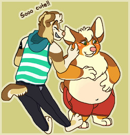 anthro belly black_bottomwear black_clothing black_pants black_text blue_clothing blue_shirt blue_tank_top blue_topwear blush bottomwear brown_body brown_fur cheek_tuft chest_tuft chubby_cheeks closed_smile clothed clothing duo embarrassed eyes_closed facial_tuft floppy_ears fluffy fluffy_chest fur green_background green_eyes head_tuft hood humanoid_hands male male/male male_anthro mouth_closed muscular muscular_arms navel notched_ear obese obese_anthro obese_male overweight overweight_anthro overweight_male pants pattern_clothing pattern_shirt pattern_tank_top pattern_topwear pink_belly pink_nose plantigrade red_blush red_bottomwear red_clothing red_shorts shirt short_tail shorts simple_background smile snout standing striped_clothing striped_shirt striped_tank_top striped_topwear stripes tail tan_body tank_top text topless topwear tuft white_body white_fur yellow_body yellow_fur sebdoggo blue_(sebdoggo) bird_dog canid canine canis chow_chow domestic_dog golden_retriever herding_dog hunting_dog mammal mixed_breed pastoral_dog retriever spitz welsh_corgi 2020 aliasing digital_drawing_(artwork) digital_media_(artwork) english_text flat_colors microsoft_paint_(artwork) trans_(lore) trans_man_(lore)