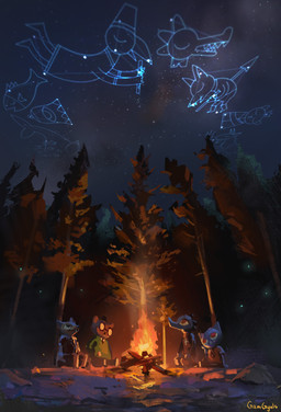 ambiguous_gender anthro blue_body blue_fur boots brown_body brown_fur campfire clothed clothing constellation fangs fire footwear fur group jacket light looking_up markings night notched_ear on_model orange_clothing orange_shirt orange_topwear outside plant purple_body purple_fur red_eyes shirt shoes sitting smile star teeth topwear tree whisker_markings yellow_body yellow_fur gamgyuls night_in_the_woods angus_delaney bea_santello gregg_lee mae_borowski bear canid canine crocodile crocodilian domestic_cat felid feline felis fox mammal reptile scalie 2018 absurd_res digital_media_(artwork) digital_painting_(artwork) hi_res painting_(artwork) female_(lore) male_(lore)