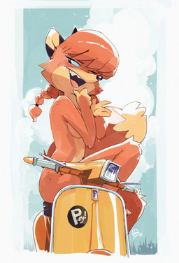 anthro breasts butt convenient_censorship eyelashes facial_tuft female freckled_face freckled_hips freckled_shoulders freckles fur hair long_eyelashes moped narrowed_eyes nude nude_anthro nude_female pigtails red_body red_fur red_hair sitting smile solo tail teeth tongue tuft vehicle edtropolis fooly_cooly vespa patricia_mac_sionnach canid canine fox mammal 2026 absurd_res hi_res