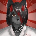 anthro black_hair broken_horn brown_eyes clothed clothing collar fur grey_body grey_fur hair horn looking_at_viewer male mouth_closed red_hair red_horn solo crybitur suwyzid canid canine canis hybrid mammal wolf 1:1 absurd_res hi_res