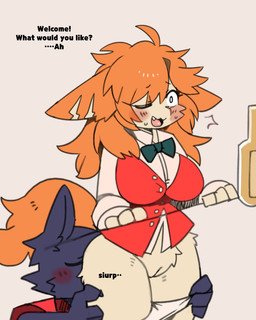 anal anthro assisted_exposure bar_counter bartender best big_breasts biped blue_body blue_fur blush bodily_fluids bottomless bottomless_anthro bottomless_female bow_tie breasts clothed clothed_anthro clothed_female clothed_male clothing collared_shirt counter curvy_figure dialogue dress_shirt duo eyes_closed female fur genitals hair hands_on_legs innie_vulva intraspecies male male/female one_eye_closed onomatopoeia oral orange_hair orange_tail panties panties_down partially_clothed red_clothing red_topwear rimming sex shirt simple_background sound_effects stealth_sex sweat tail tan_body tan_fur text three-quarter_view topwear underwear underwear_down unprofessional_behavior vulva wide_hipped_anthro wide_hipped_female wide_hips x-ray_view pizademokttero loomy_(comifur) nifram_logan canid canine canis domestic_dog mammal wolf 2024 4:5 absurd_res digital_drawing_(artwork) digital_media_(artwork) english_text hi_res