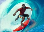 anthro ear_piercing male piercing sea solo surfboard surfing water wave furayob blacky_the_stallion equid equine horse mammal absurd_res hi_res