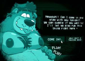 anthro belly big_belly big_nipples blep body_hair camera_view chest_hair claws clothed clothing cursor double_chin finger_claws gameplay_mechanics hairy_shoulders hand_on_belly looking_at_viewer male moobs mullet nipples onomatopoeia overweight overweight_anthro overweight_male patting_belly profanity selection_menu smile smiling_at_viewer solo sound_effects teeth_showing text tongue tongue_out topless topless_male bearafterall no_i'm_not_a_human jan_(bearafterall) bear mammal english_text greyscale hi_res monochrome