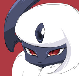 ambiguous_gender black_body feral forehead_gem fur gem neck_tuft red_background red_eyes simple_background solo tuft white_body white_fur pokunchan nintendo pokemon absol generation_3_pokemon mammal pokemon_(species) 2014 digital_drawing_(artwork) digital_media_(artwork) headshot_portrait low_res portrait