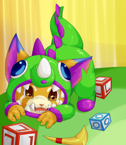 ambiguous_gender anthro block boomerang brown_eyes claws clothing costume crawling fur furry_wearing_fursuit fursuit happy onesie open_mouth orange_body orange_fur smile solo teeth young young_ambiguous young_anthro norphen league_of_legends riot_games tencent gnar_(lol) ailurid mammal yordle
