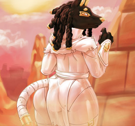 ambiguous_gender anthro black_body black_fur desert dreadlocks fur gold_(metal) latex male pink_sky sand sky solo white_latex lostwisdom jacky_the_jackal canid canine canis jackal mammal