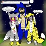 anthro clothing costume dialogue fur group holidays kigurumi male markings onesie spots spotted_body spotted_fur text truechaos makarimorph halloween sega sonic_the_hedgehog_(series) bieesha chaos_the_echidna fan_character makari sonic_the_hedgehog canid canine canis cheetah eulipotyphlan felid feline hedgehog mammal wolf 1:1 comic digital_media_(artwork) english_text hi_res