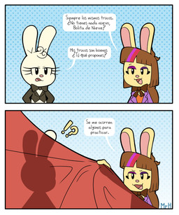 anthro black_eyes bow_tie brown_hair clothing dialogue duo eyebrows eyelashes female fur hair jacket onomatopoeia open_mouth open_smile orange_clothing orange_shirt orange_topwear pink_nose pink_tongue purple_clothing purple_jacket purple_topwear shirt simple_background smile smoking sound_effects text tongue topwear white_hair yellow_body yellow_fur mr_harinezumi fumee_(el_senor_erizo) lapine_(tdfoxoo) lagomorph leporid mammal rabbit 2026 absurd_res colored comic hi_res spanish_description spanish_text translated