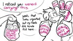 anthro backpack bag belt bodily_fluids dialogue duo fur handbag holding_bag holding_object male mostly_offscreen_character solo_focus speech_bubble sweat sweatdrop talking_to_another text zhivago_(artist) felid feline mammal 16:9 english_text widescreen