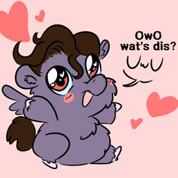 ambiguous_feral ambiguous_gender baby_talk blush blush_lines blush_stickers brown_hair brown_tail chibi dialogue feral fur hair heart_symbol hooves on_hind_legs open_mouth purple_body purple_fur red_eyes semi-anthro solo tail text white_hooves young young_ambiguous young_feral jizzcoveredcrocs fluffy_pony owo_whats_this fluffy_pony_(species) mammal 1:1 2021 digital_media_(artwork) english_description english_text flat_colors meme