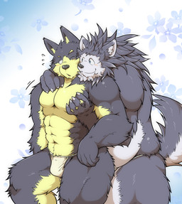anthro arm_around_shoulders asian_clothing barazoku belly blush bulge clothing duo east_asian_clothing fundoshi hug hugging_another hugging_from_behind humanoid_hands japanese_clothing kemono male male/male muscular overweight overweight_male underwear suishou0602 canid canine mammal 2015 hi_res