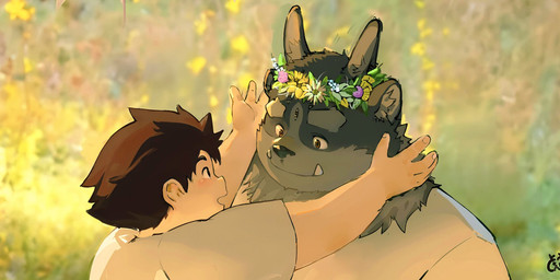 3_eyes anthro duo eyebrows flower flower_crown fur grey_body grey_fur male male/male multi_eye overweight plant romantic romantic_ambiance romantic_couple size_difference thick_eyebrows tusks chaihuliang lifewonders tokyo_afterschool_summoners chubby_protagonist_(tas) protagonist_(tas) tsathoggua_(tas) human mammal hi_res