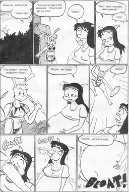 accessory accidental_vore anthro belly big_belly black_hair bodily_fluids breasts butt clothed clothed_female clothing female female_pred female_prey fully_inside group hair hand_on_belly headband in_mouth midriff muscular muscular_female navel open_mouth oral_vore outside overweight shirt speech_bubble swallowing sweat text topwear trio vore s.sakurai felid lagomorph mammal comic monochrome traditional_media_(artwork)