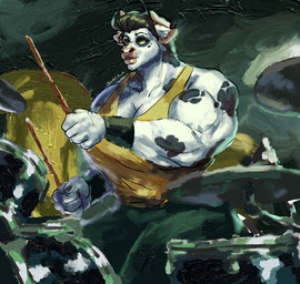 anthro big_breasts black_clothing black_hair black_spots breasts clothing drum drum_set drumming_stick female green_eyes hair huge_breasts muscular muscular_anthro muscular_female musical_instrument overweight overweight_anthro overweight_female percussion_instrument percussion_mallet solo spots limbo6_6 ingrid_(limbo6_6) bovid bovine cattle mammal oil_painting_(artwork) painting_(artwork) traditional_media_(artwork) traditional_painting_(artwork)