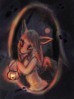 anthro breasts clothing costume female food fruit fur hair holidays painting_on_wall plant pumpkin red_eyes scary small_breasts solo wings whitepawws halloween hasbro my_little_pony ghost spirit digital_media_(artwork) full-length_portrait hi_res portrait shaded