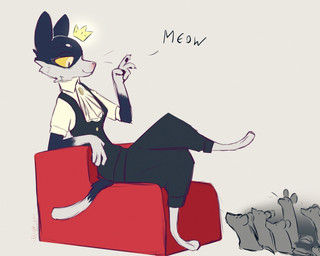 4_fingers anthro bicolored_fur black_body black_fur black_pawpads bottomwear cheek_tuft claws clothing collared_shirt cravat crossed_legs crown cute_fangs dialogue digitigrade dipstick_tail eyelashes facial_tuft fangs female feral finger_claws fingers floating_crown fur furniture gloves_(marking) gold_crown grey_body grey_fur group half-closed_eyes handpaw headgear larger_anthro larger_female leg_markings looking_down looking_down_at_another looking_up_at_another markings meow narrowed_eyes neck_tuft pants pawpads paws pink_nose predator/prey reclining_on_sofa red_sofa shirt size_difference slight_smile smaller_feral socks_(marking) sofa tail tail_markings teeth text topwear tuft vest whiskers white_body white_fur yellow_sclera =djoyk= domestic_cat felid feline felis mammal mouse murid murine rodent digital_drawing_(artwork) digital_media_(artwork) english_text hi_res