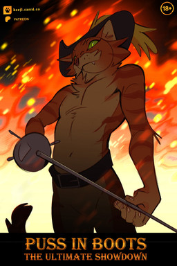age_restriction anthro belt cheek_tuft chin_tuft clothed clothing facial_tuft fangs fire fire_background fur fuzzy green_eyes hat headgear headwear holding_object holding_weapon looking_at_viewer male melee_weapon neck_tuft orange_body orange_fur partially_clothed pupils rapier skinny slit_pupils solo standing sword tail teeth text tuft weapon whisker_spots ksejl dreamworks puss_in_boots_(franchise) puss_in_boots_(dreamworks) domestic_cat felid feline felis mammal tabby_cat 2:3 cover cover_art cover_page hi_res url