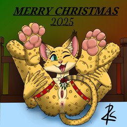 4_toes 5_fingers anthro anus bed blue_eyes chest_tuft christmas_clothing clothing dipstick_ears ear_markings feet female fingers foot_focus fur furniture genitals holidays inner_ear_fluff inner_labia jingle_bell_legband looking_at_viewer lying markings mistletoe mistletoe_on_tail multicolored_body multicolored_ears on_back one_eye_closed pawpads pink_nose plant plump_labia presenting presenting_anus presenting_vulva simple_background solo spots spotted_body spotted_fur spread_legs spread_vulva spreading tail toes tongue tongue_out tuft vulva wink winking_at_viewer zk-fur christmas mariposa_(zk-fur) felid leopard mammal pantherine hi_res