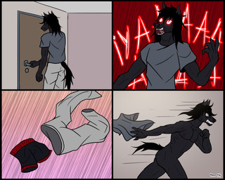 anthro black_body black_border black_hair border clothed clothing desperation glowing glowing_eyes hair humanoid_hands imminent_masturbation long_hair male muscular muscular_male nipples nude pecs running screaming solo kimero_kat moloch_gidianni equid equine horse mammal vampire 5:4 comic hi_res