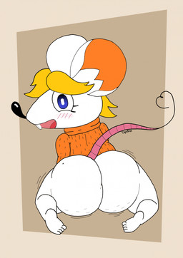 alternate_species anthro big_butt blonde_hair blush butt cellulite clothed clothing feet female furrification hair heart_symbol looking_at_viewer partially_clothed shaking_butt simple_background smile soles thick_thighs white_body cafetero capcom resident_evil ashley_graham moushley mammal mouse murid murine rodent hi_res meme