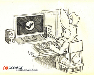 anthro chair clothed clothing computer computer_keyboard computer_mouse electronics floppy_ears furniture male male_anthro monitor open_mouth open_smile patreon_logo sitting smile solo speaker teeth text topless young young_anthro young_male pandapaco patreon steam_(software) valve valve_corporation lagomorph leporid mammal rabbit spot_color url