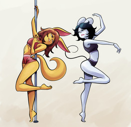 anthro black_hair bottomwear breasts brown_hair clothing duo female hair navel on_one_leg open_mouth pole shorts simple_background standing stripper_pole tail topwear elnikochoro canid mammal mouse murid murine rodent 2026 absurd_res digital_media_(artwork) hi_res