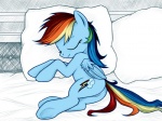 4:3 bed blue_body blue_feathers blue_fur casual_nudity cutie_mark equid equine eyes_closed feathered_wings feathers female feral friendship_is_magic fur furniture genitals hair hasbro hi_res mammal multicolored_hair my_little_pony mythological_creature mythological_equine mythology nude pegasus pillow pussy rainbow_(artist) rainbow_dash_(mlp) rainbow_hair sleeping smile solo wings