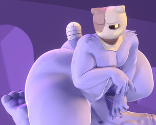 1_eye 3_toes 5_fingers anthro bag_on_head balls bandage bandaged_tail big_balls big_butt big_penis blush butt feet fingers foreskin fur fur_tuft genitals hidden_face high-angle_view humanoid_genitalia humanoid_penis kneeling looking_aside male penis purple_body simple_background slightly_muscular solo spots thick_thighs toes tuft yellow_blush yellow_eyes anxiboi ivan_(anxiboi) felid feline ghost mammal spirit 3d_(artwork) 5:4 absurd_res blender_(artwork) blender_eevee_(artwork) digital_media_(artwork) hi_res watermark