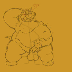 anthro balls belly big_belly blush genitals hand_behind_head hand_on_belly heart_symbol looking_at_viewer male navel nude overweight overweight_anthro overweight_male penis question_mark slightly_chubby smile solo standing tail teeth thick_thighs joshi_teh_charizard canid canine canis mammal wolf 1:1 2015 monochrome sketch