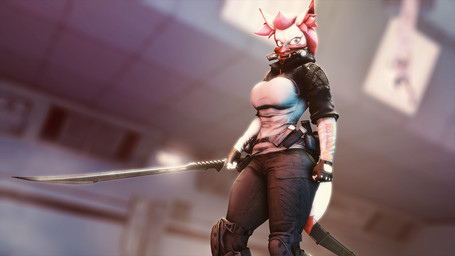 anthro bent_legs clothing female fingerless_gloves gloves grey_clothing grey_shirt grey_topwear hair handwear knee_pads mask melee_weapon noh_mask oni_mask pink_hair scabbard shirt solo sword topwear weapon heresy_sfm ludexus_(modeler) epic_games fortnite kimiko_five-tails canid canine fox mammal 16:9 3d_(artwork) digital_media_(artwork) widescreen