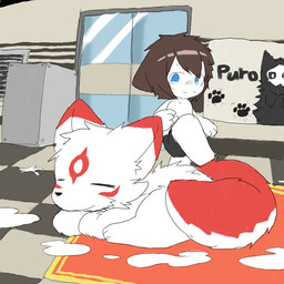 ambiguous_gender anthro black_body black_bottomwear black_clothing black_fur black_shorts blue_eyes bodily_fluids bottomwear box brown_hair clothing container door duo eyes_closed floor footprint fur glass hair male mask on_ground pawprint poster_(object) puddle red_body red_fur rug shorts sleeping sneaking sweat text tile tile_floor white_body white_eyes white_fur chano changed_(video_game) lin_(changed) shizi_(changed) canid canine canis domestic_cat felid feline felis goo_creature human mammal wolf 1:1 english_text