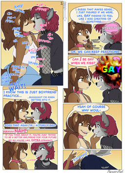 alternative_fashion anthro armwear belt blue_eyes bottomwear breast_squish breasts breasts_frottage brown_body brown_fur brown_hair clothing collar collar_to_collar crop_top denim denim_bottomwear denim_clothing dialogue duo female female/female fishnet_clothing french_kissing fur glomp goth grey_body grey_fur hair jeans kissing lesbian_thoughts midriff multicolored_body multicolored_fur pants ponytail red_hair shirt sound_effects speech_bubble squish tail text tongue tongue_out topwear two_tone_body two_tone_fur yellow_eyes mercuryred canid canine mammal absurd_res comic english_text hi_res