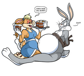 anthro arms_tied belly big_belly blonde_hair bodily_fluids bound buckteeth cake carrot_cake clothing cotton_tail crumbs_on_face dessert dialogue dress duo ears_tied_back female food force_feeding forced fur gloves grey_body grey_fur hair half-closed_eyes handwear holding_cake holding_food holding_object holding_plate inflation kneeling love_handles male male/female narrowed_eyes navel onomatopoeia pawpads paws plate simple_background sitting smile sound_effects submissive submissive_male swallowing sweat sweatdrop tan_body tan_fur teeth text whiskers white_background white_body white_fur fattlestacks looney_tunes warner_brothers bugs_bunny lola_bunny lagomorph leporid mammal rabbit 2026 absurd_res english_text hi_res