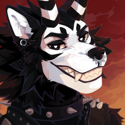 anthro black_body black_collar black_eyes black_fur black_horn black_nose cheek_tuft cloud collar ear_piercing facial_piercing facial_tuft fangs fur gauged_ear grin horn looking_at_viewer male neck_tuft nose_piercing nose_ring piercing pupils ring_piercing septum_piercing septum_ring simple_background smile solo spiked_collar spikes striped_horn stripes teeth three-quarter_view tuft unsigned white_body white_fur white_horn white_pupils corzh77 canid mammal 1:1 absurd_res bust_portrait detailed hi_res icon portrait