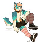 absurd_res anthro blep blonde_hair blue_body blue_fur boxers_(clothing) boxers_only bulge canid canine claws clothed clothing collar footwear fur gesture gold_claws hair half-closed_eyes hand_gesture hi_res kai_(infoxicated) laws legwear looking_at_viewer mammal multicolored_body multicolored_fur narrowed_eyes paw_shoes pink_nose shira_tekzer shoelaces shoelaces_untied shoes simple_background sitting smile solo spiked_collar spikes teal_body teal_fur tongue tongue_out topless underwear underwear_only unnatural_colors v_sign yellow_eyes