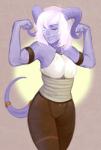 blue_eyes bottomwear breasts clothed clothing eyelashes female flexing hair lips muscular muscular_female muscular_humanoid not_furry one_eye_closed pants pose shirt solo tail topwear white_hair sootmeal blizzard_entertainment warcraft yrel draenei humanoid 2015