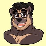 anthro black_nose brown_body brown_fur eyewear fur glasses male multicolored_body multicolored_fur simple_background solo teeth two_tone_body two_tone_fur anjing_kampuss uku bear mammal short-faced_bear spectacled_bear 1:1 2020 bust_portrait hi_res portrait