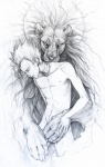 duo interspecies looking_at_viewer looking_down male mane nude romantic romantic_couple size_difference hibbary fate_(series) type-moon archer_gilgamesh felid human lion mammal pantherine 2009 greyscale monochrome