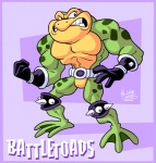 abs angry anthro belt biceps biped bottomless brown_body brown_skin clenched_teeth clothed clothing flexing gloves green_body green_skin handwear looking_at_viewer male muscular muscular_anthro muscular_male pecs pose scales solo standing teeth text topless bezerrobizarro battletoads rareware zitz_(battletoads) amphibian frog toad_(frog) 2012 english_text