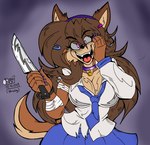 anthro band-aid bandage brown_hair clothing collar female hair holding_knife holding_object knife solo torn_clothing yandere zhengfox canid canine mammal hi_res