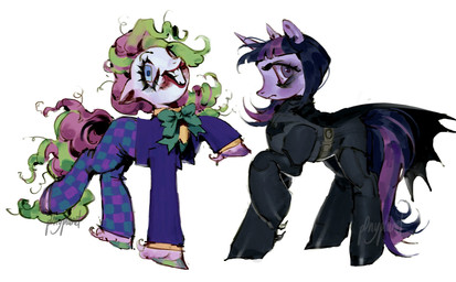 1_horn bangs bat_print belt black_bodysuit black_cape black_clothing black_skinsuit blue_clothing blue_eyes blue_shirt blue_topwear blunt_bangs bodysuit bottomwear bow_tie cape checkered checkered_bottomwear checkered_clothing checkered_pants clothing cosplay crossover_cosplay curled_tail curly_hair duo facial_scar female feral fetlocks fur green_bow_tie green_hair grin hair hooves horn insane long_hair long_sleeves looking_at_viewer mouth_scar pants pattern_bottomwear pattern_clothing pattern_pants pink_body pink_fur pink_hair pink_tail purple_body purple_eyes purple_fur purple_hair purple_tail quadruped scar shirt side_view simple_background skinsuit smile tail tight_clothing topwear unguligrade white_background p0nyplanet batman_(series) dc_comics friendship_is_magic hasbro my_little_pony mythology batman pinkie_pie_(mlp) the_joker twilight_sparkle_(mlp) earth_pony equid equine horse mammal mythological_creature mythological_equine pony unicorn crossover digital_media_(artwork) digital_painting_(artwork) full-length_portrait hi_res painting_(artwork) portrait watermark