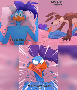 anthro bed blush cartoon_nudity duo feathers furniture intimacy intimate lying male male/male on_back on_bed on_bedding predator/prey ruffled_feathers spread_legs spreading submissive submissive_male text wide_eyed fernypaw loonatics_unleashed looney_tunes warner_brothers rev_runner tech_e._coyote avian bird canid canine canis coyote cuculiform mammal new_world_ground_cuckoo roadrunner english_text spanish_text