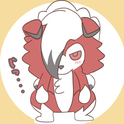 ambiguous_gender blush chibi fur hair red_body red_eyes red_fur red_sclera solo standing text white_body white_fur white_hair nintendo pokemon canid canine generation_7_pokemon lycanroc mammal midnight_lycanroc pokemon_(species) 1:1 absurd_res hi_res japanese_text upscale