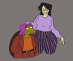ambiguous_gender anthro bottom_heavy bottomless bottomwear breasts clothed clothing curvy_figure duo eyewear female feminine glasses magic_user male pants purple_clothing shell size_difference thick_thighs voluptuous voluptuous_female voluptuous_human wide_hips yoga_pants autumnsarttehe undertale undertale_(series) fan_character gerson intro_mage_(undertale) human mammal monster reptile scalie turtle 2025 digital_media_(artwork) hi_res nonbinary_(lore)