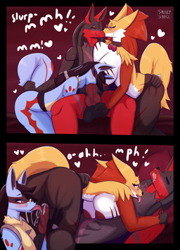 anthro areola balls big_breasts blush blush_lines bodily_fluids breast_squish breasts brown_areola brown_nipples bulge butt butt_grab cum cum_in_vagina cum_inside drooling ejaculation fellatio female female_anthro genital_fluids genitals group group_sex hand_on_butt heart_symbol kissing love male male/female nipples oral penile penis saliva sex sound_effects squish tail tail_grab text threesome tongue tongue_out trio vulva snilkysnacc nintendo pokemon fan_character canid canine canis delphox fox generation_4_pokemon generation_6_pokemon lucario mammal pokemon_(species) wolf absurd_res comic hi_res