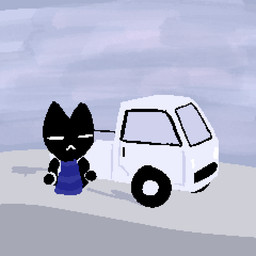 ambiguous_gender anthro black_body black_ears black_fur black_tail blue_clothing blue_topwear blue_vest clothing eyes_closed fur grey_background kei_truck light_truck mini_truck multicolored_clothing multicolored_topwear outside simple_background solo standing tail topwear truck two_tone_clothing two_tone_topwear two_tone_vest vehicle vest tehawesomestkitteh easy_delivery_co. domestic_cat felid feline felis mammal 1:1 2025 digital_media_(artwork)