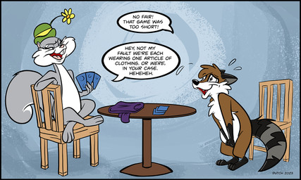 anthro brown_body brown_fur buckteeth card chair clothing duo female floating_eyebrows fur furniture grey_body grey_fur hat headgear headwear male match multicolored_body multicolored_fur open_mouth shirt sitting speech_bubble table teeth text topwear two_tone_body two_tone_fur weapon white_body white_fur dutch_(artist) animaniacs warner_brothers beeton slappy_squirrel mammal procyonid raccoon rodent sciurid tree_squirrel 2023 5:3 digital_media_(artwork) english_text hi_res