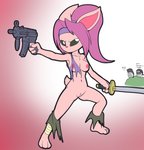 anthro breasts clothing female fur genitals gun hair katana melee_weapon mouthless nipples nude pink_body pink_fur ponytail purple_hair pussy ranged_weapon solo submachine_gun sword torn_clothing weapon fourssss bunnykill madness_combat madness_combat_(series) deimos_(madness_combat) ruby_(bunnykill) sanford_(madness_combat) grunt_(madness_combat) lagomorph leporid mammal rabbit hi_res