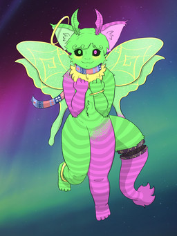 antennae_(anatomy) anthro aurora_(phenomenon) cosmic_background female heterochromatic_ears heterochromia ring scarf sky solo star starry_background starry_sky wings anonymous_artist celeste_(game) aurora_heights arthropod insect lepidopteran luna_moth moth saturniid absurd_res hi_res