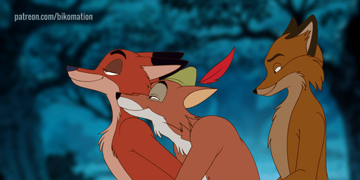 anthro black_ears black_nose bycocket cheek_tuft chest_tuft clothing facial_tuft forest forest_background fur group group_sex hat hat_feather headgear headwear loose_feather male male/male mostly_nude narrowed_eyes nature nature_background nude orange_body orange_fur orgy outside_sex plant red_body red_fur sex smile standing threesome thrusting train_position tree trio tuft white_body white_fur bikomation conditional_dnp disney fantastic_mr._fox zootopia mr._fox_(fantastic_mr._fox) nick_wilde robin_hood canid canine fox mammal red_fox true_fox 2d_animation animated frame_by_frame short_playtime
